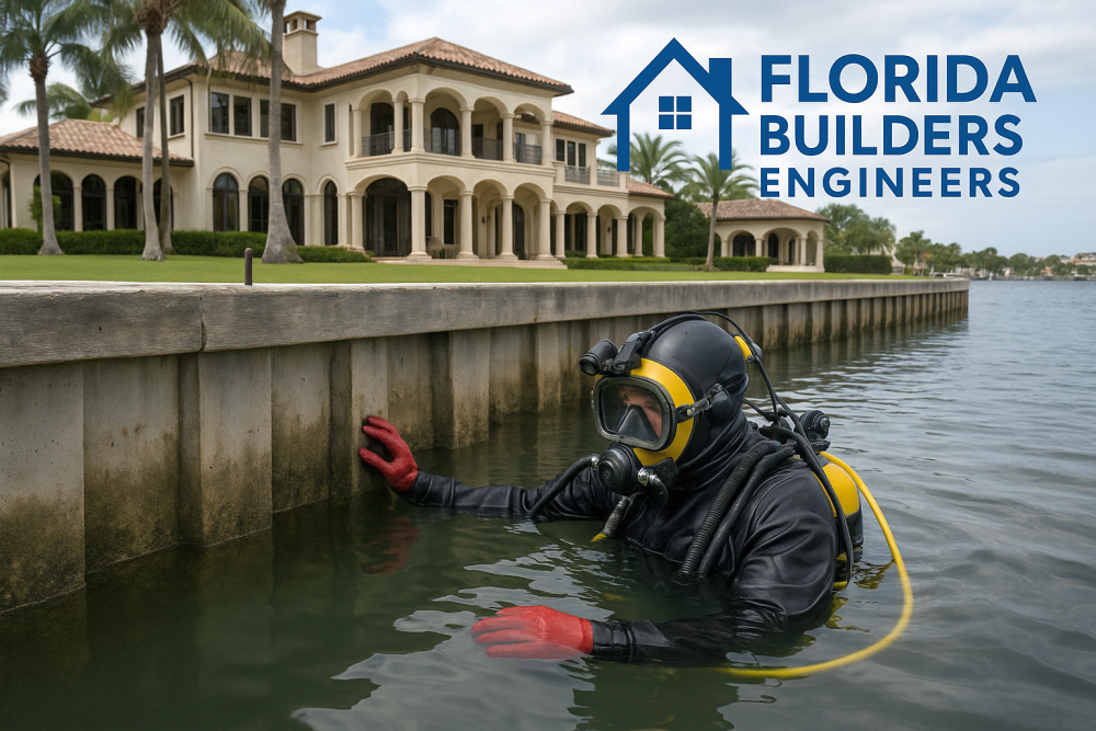 seawall inspection, dive inspection, underwater seawall assessment, Florida seawall engineer, Delray Beach seawall, waterfront property inspection, structural seawall damage, seawall undermining, Florida Builders Engineers, marine engineering inspection, luxury home seawall, seawall foundation inspection, structural dive team Florida, J Fernando Rodriguez engineer, Roger Morales inspector, coastal property inspection, marine structure evaluation, Florida marine construction defects, seawall failure detection, professional diver inspection