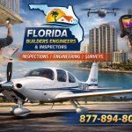 Florida Builders Engineers & Inspectors aircraft Cirrus SR20 with building inspection scenes including balcony inspection, drone survey, and infrared thermography, showcasing statewide rapid response services with phone number 877-894-8001