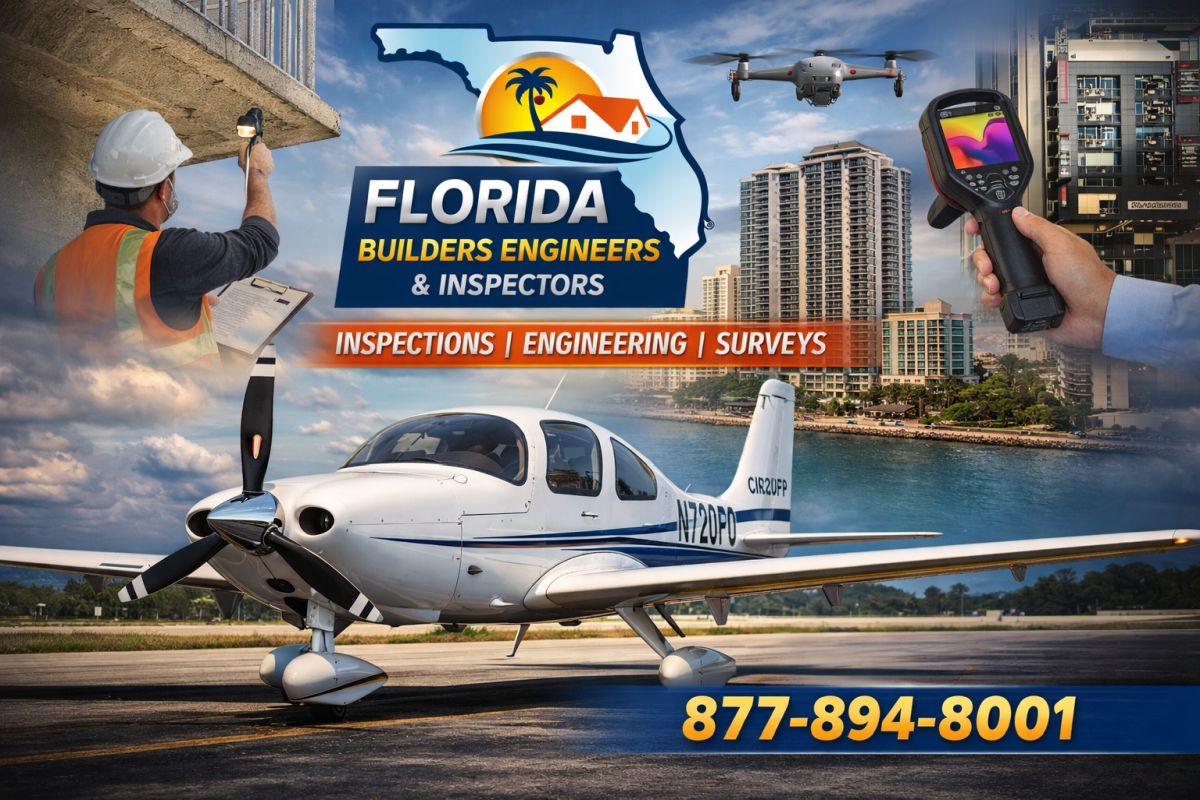 Florida Builders Engineers & Inspectors aircraft Cirrus SR20 with building inspection scenes including balcony inspection, drone survey, and infrared thermography, showcasing statewide rapid response services with phone number 877-894-8001